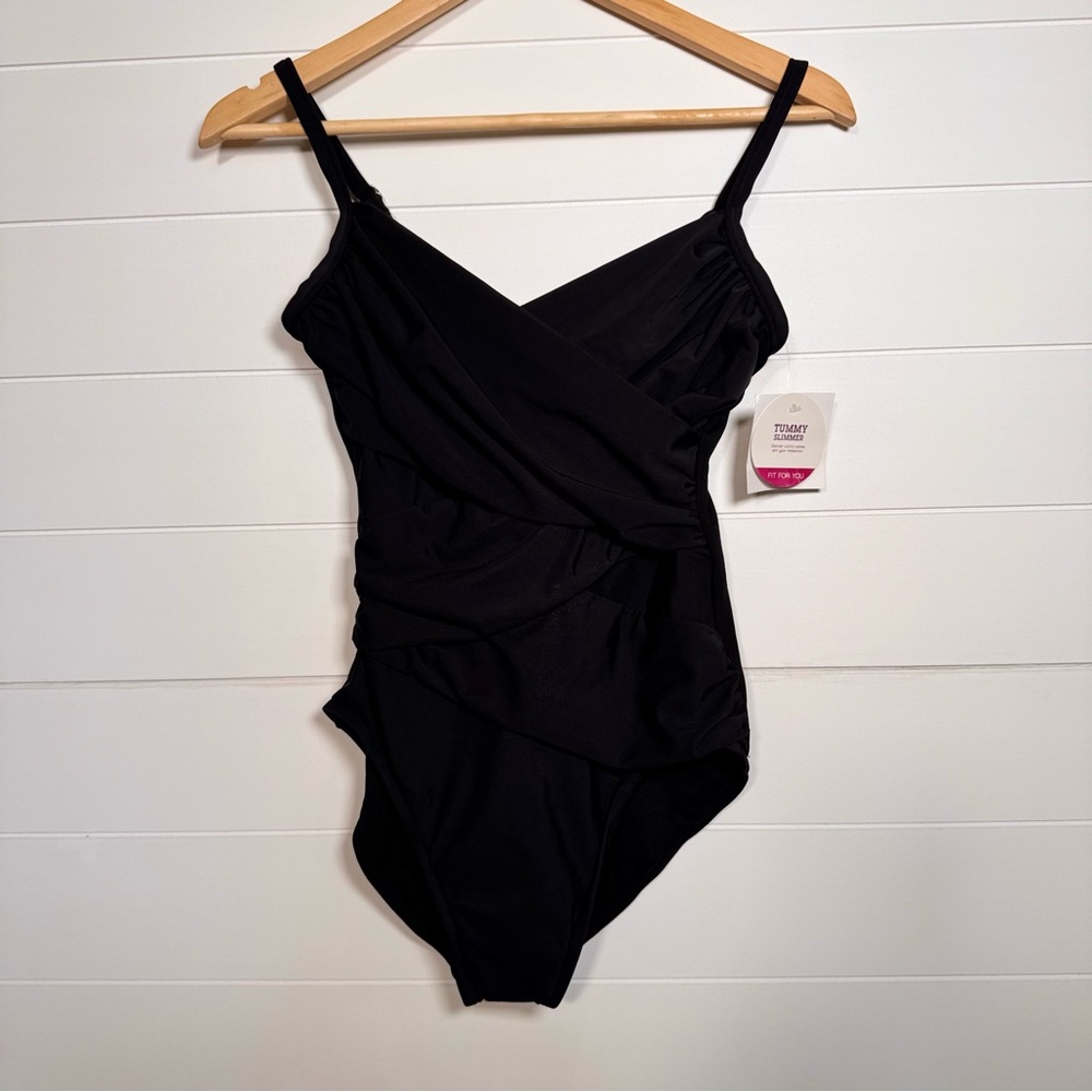 NWT Croft & Barrow Black with gold spray Tummy Slimmer One-Piece Swimsuit Size 8